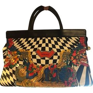 *Flaw* Gianni Versace Psychedelic floral Black checkered tote